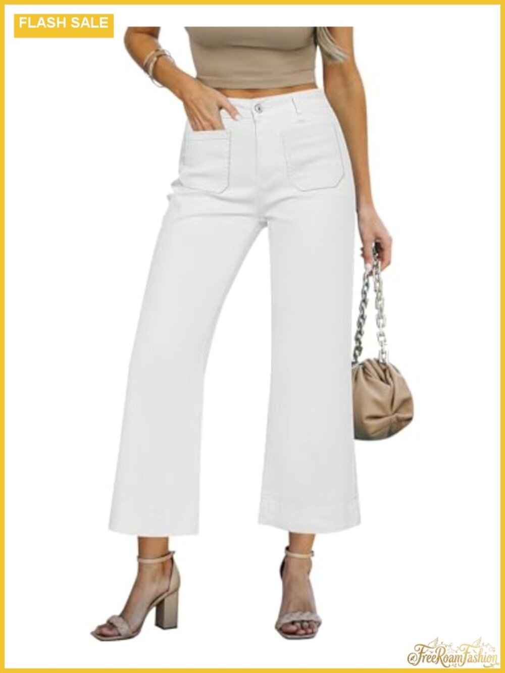 Wide Leg Crop Jeans Women High Waisted Stretchy Denim Baggy Flare with Pockets